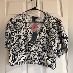 RACHEL Rachel Roy Navy and White Floral Blouse